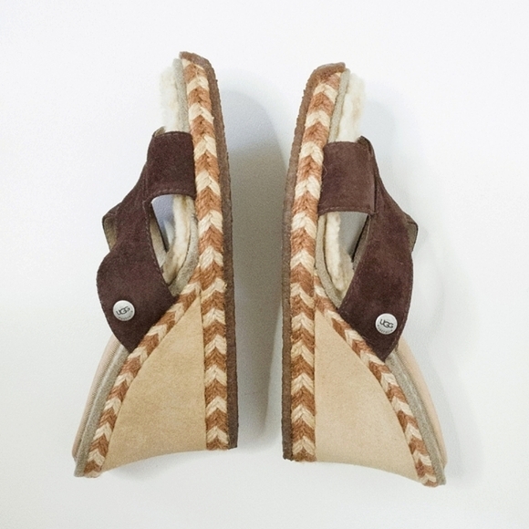 UGG Margot Brown Leather Shearling Wedge Espadrille Slip On Sandals - Picture 11 of 13